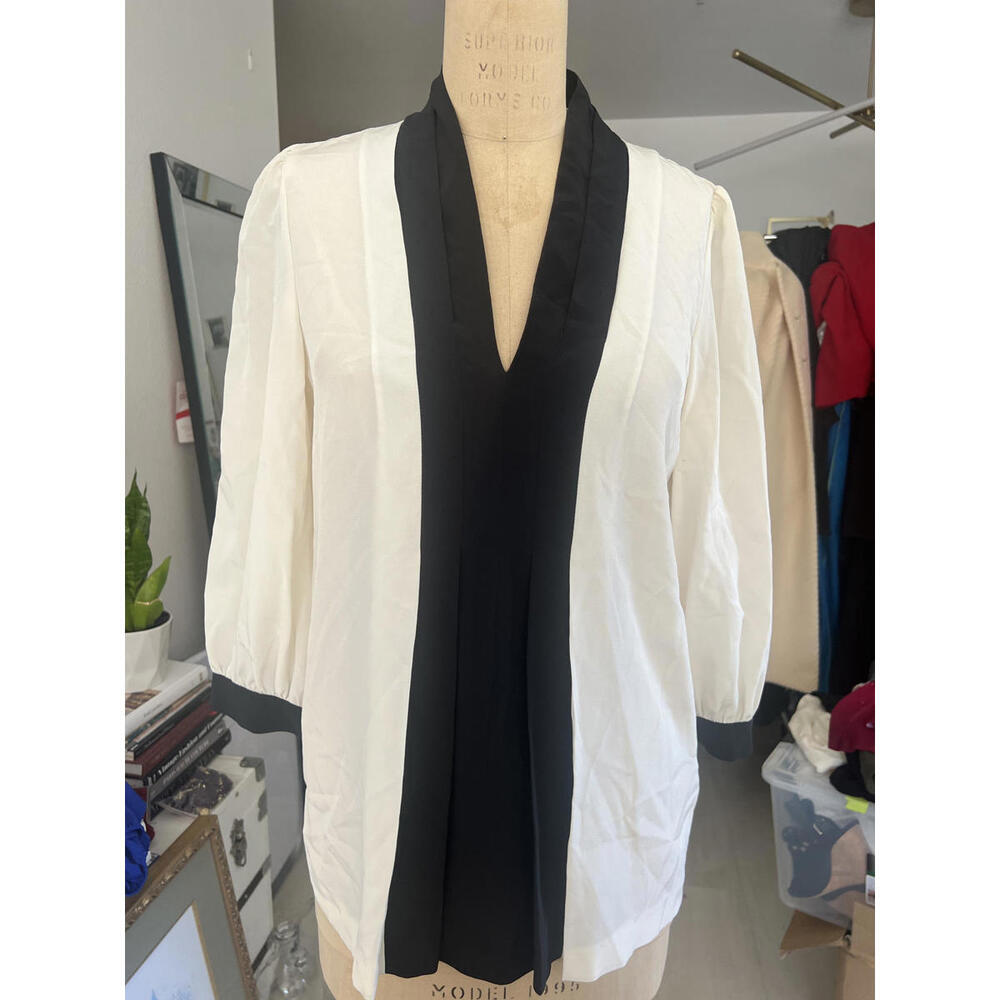 Kate Spade New York Lily Top Silk Cream + Black Long Sleeve V Neck Blouse